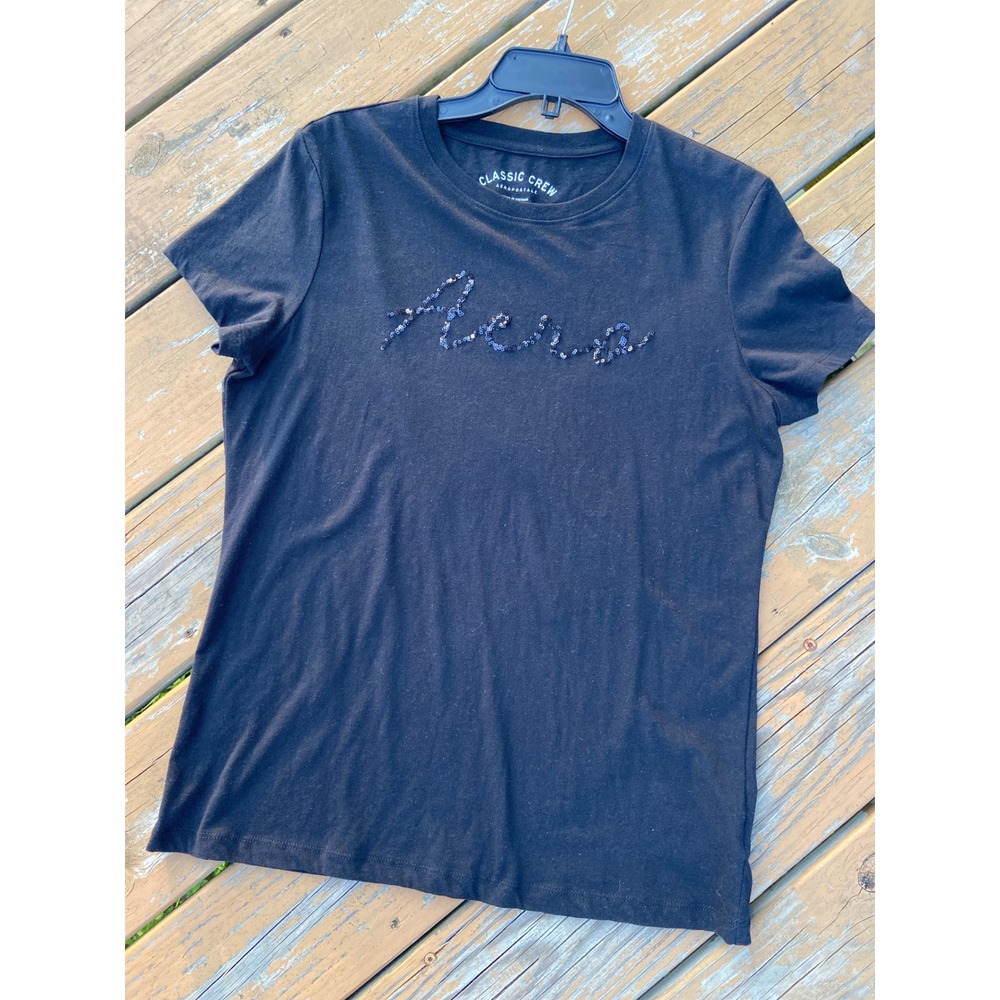 Aeropostale Womens Classic Crew Black Sequin Logo T-Shirt XL Short Sleeve Aero